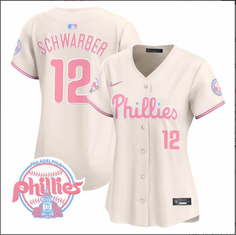 Women Philadelphia Phillies 12 Schwarber cream 2024 MLB jersey